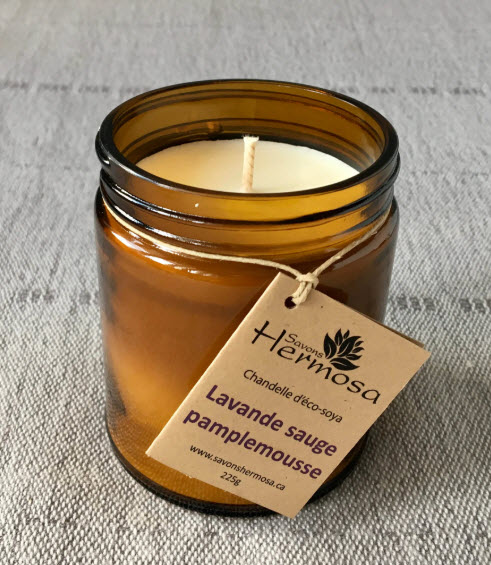 Chandelle d'eco-soya Lavande, sauge te pamplemousse 225 gr