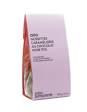 Dragées - noisettes caramélises au chocolat noir 70% (100g)